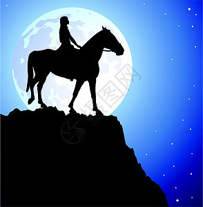 女孩在山顶的马上女士天空月亮骑士顶峰星星孤独插图悬崖骑术图片