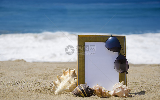 沙沙海滩上的光板海洋相框照片蓝色太阳镜木板旅行贝壳旅游框架图片