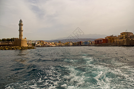 希腊全景图象蓝色灯塔海岸线港口建筑太阳石头历史天空景观图片