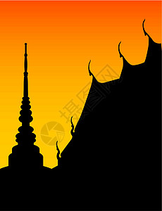 寺庙和塔房的轮光日落风景宝塔黄色插图建筑教会佛教徒黑色阴影图片