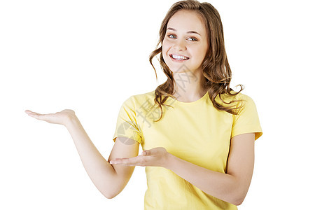 女性在手掌上复制空间手指商业棕榈喜悦成人快乐手臂广告白色女士图片