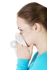 有组织 喷嚏 过敏或寒冷的年轻女性悲哀疾病手帕成人工作室感染生活症状疼痛鼻子图片