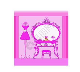 优雅风格的更衣室人体模型插图粉色梳妆台家具女士裙子女性闺房图片
