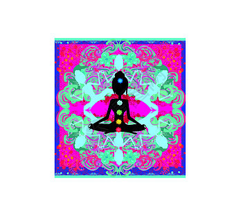 瑜伽莲的姿势 有彩色查克拉点的帕德马萨纳女孩瑜伽呼吸瑜珈身体日落插图冥想健身房美丽图片