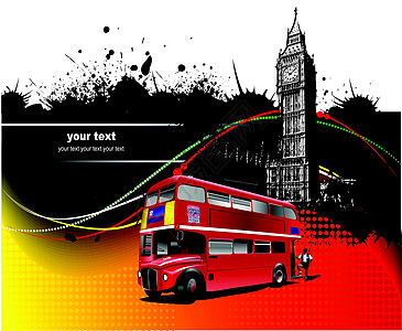 包含伦敦图像的小册子封面 矢量插图优惠券民众红色公共汽车旅行旗帜销售甲板蓝色节选图片