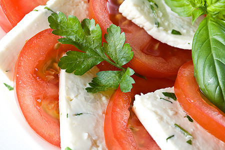 配干奶酪的番茄香料红色饮食绿色蔬菜白色餐厅盘子烹饪美食图片