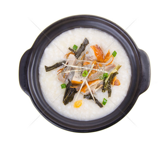 传统中国猪肉粥炒饭 在粘土锅中使用稀饭水平白色食物草药早餐美食文化午餐猪肉图片