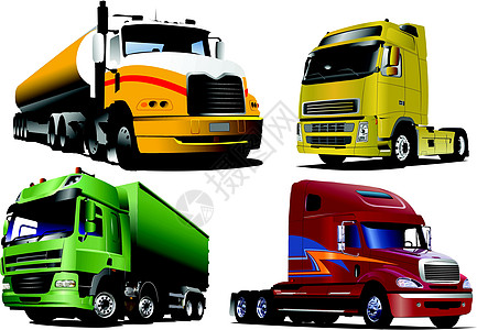 四辆卡车在路上 矢量插图图片