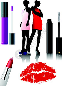 妇女化妆设备 唇膏 矢量插图艺术女孩口红红色产品紫色嘴唇配饰刷子包装图片