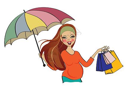 购物时快乐的孕妇 孤立在白种背景上母性头发微笑腹部女孩淋浴卡通片店铺购物者插图图片