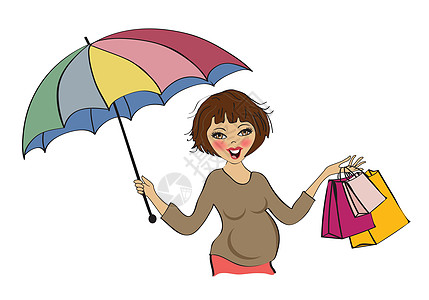 购物时快乐的孕妇 孤立在白种背景上女性插图喜悦销售头发乐趣店铺购物者微笑卡通片图片