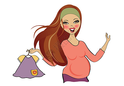 购物时快乐的孕妇 孤立在白种背景上销售女性女孩母性头发衣服婴儿微笑店铺怀孕图片