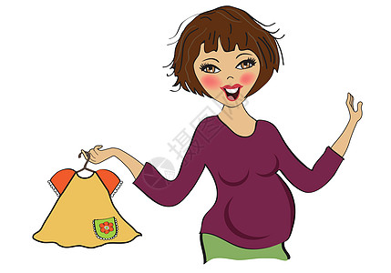 购物时快乐的孕妇 孤立在白种背景上插图喜悦淋浴妈妈头发衣服销售购物者乐趣母性图片