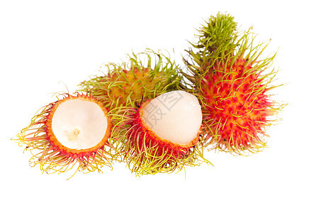白背景孤立的拉姆布丹水果异国情调收成市场热带营养红色头发白色皮肤图片