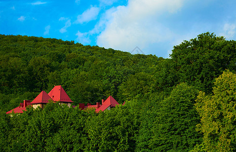 山中的房屋村庄晴天旅行木头财产山脉森林假期建筑蓝色图片