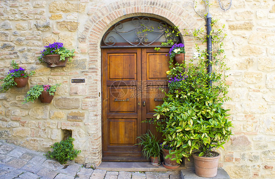 意大利伏尔泰拉岛可爱的土犬门传统街道建筑学财产乡村村庄房子石头花语植物图片