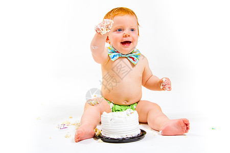 一年老蛋糕粉碎孩子糖果领结婴儿食物尿布领带白色生日孩子们图片