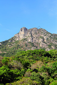 香港的狮子石天空喇叭植物岩石爬坡绿色草地蓝色图片