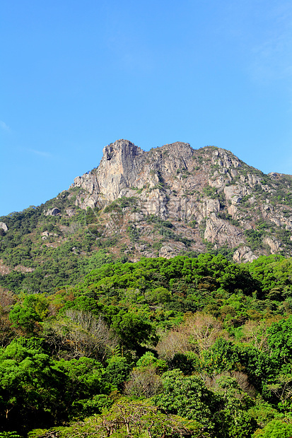 香港的狮子石天空喇叭植物岩石爬坡绿色草地蓝色图片