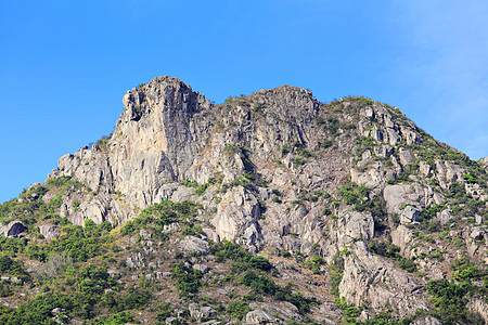 香港的狮子岩石山蓝色喇叭绿色爬坡草地岩石天空植物图片