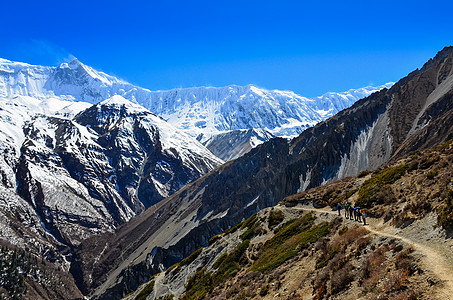 喜马拉雅山风景中背包的一群山上登山者图片