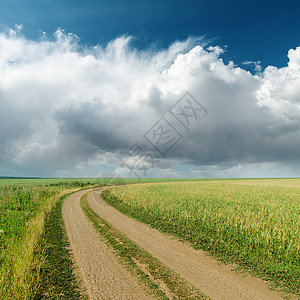 田野中的肮脏的道路 地上的低云;图片