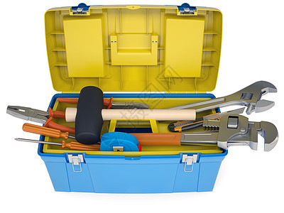 带有工具的塑料工具箱维修卷尺手套机械螺丝刀蓝色木工修理工工作技术图片