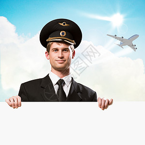 以持有空广告牌的形式进行试点卡片广告航班纸板队长邮政侦察员航空航空公司领导者图片