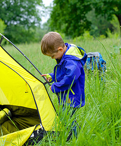 带帐篷的年轻男孩露营森林游客幸福树木孩子活动晴天营地娱乐闲暇图片