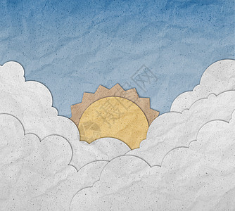 日出时有蓝色的天空和由回收造纸工艺制造的云邮政教育材料卡片太阳插图黄色季节皱纹折纸图片