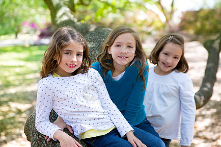 以树干为生的姐妹姊妹朋友喜悦眼睛童年公园孩子森林花园乐趣家庭女性图片