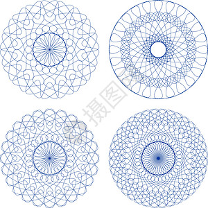 一组蓝色矢量 Guilloche罗塞特丝带桌巾墙纸徽章插图打印花丝证书角落装饰图片