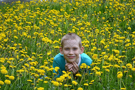 男孩在荒野中的空地上花朵杂草年轻人孩子男生草本植物植物图片