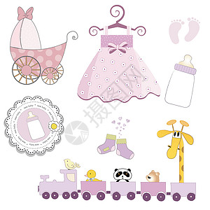 白色背景上隔离的婴儿女婴物品脚步卡通片女孩玩具动物收藏火车粉色裙子孩子图片