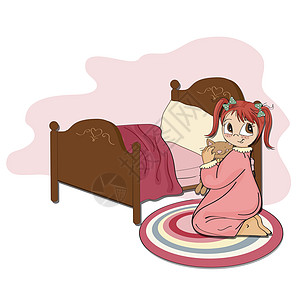 小女孩正准备入睡呢插图时间微笑拥抱睡衣玩具孩子们乐趣寝具幸福图片