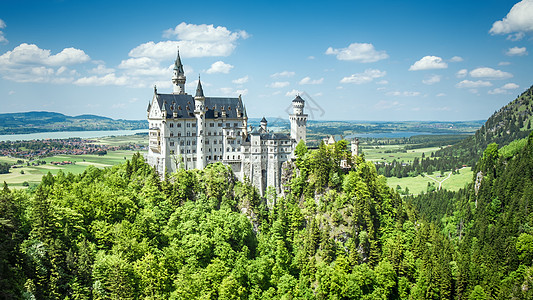 德国新施旺斯坦巴伐利亚城堡国王蓝色爬坡建筑堡垒大厦旅行建筑学森林风格图片