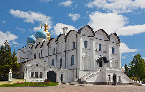 俄罗斯喀山克里姆林宫的布拉戈申斯克大教堂教会蓝天鞑靼城市日光信仰首都太阳能建筑学宗教图片