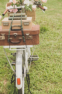 在田地上骑着一辆旧自行车 装着一个袋子车辆白色齿轮绿色植物群花束车轮乡村花园草地图片