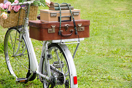 田地上的旧式自行车 配有一篮花和袋子车轮白色植物群运输齿轮繁荣乡村草地花束绿色图片