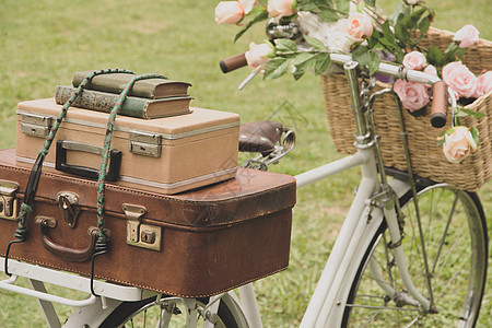 田地上的旧式自行车 配有一篮花和袋子白色花园花束乡村繁荣运输草地植物群绿色车辆图片