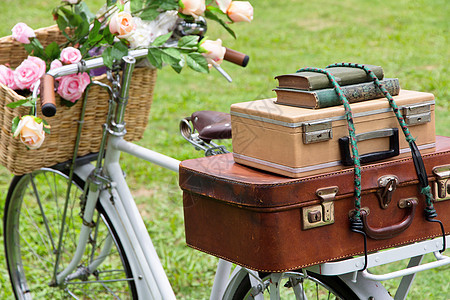 田地上的旧式自行车 配有一篮花和袋子植物群花园乡村车轮运输草地绿色繁荣车辆花束图片
