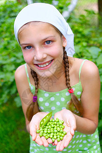 持有绿色青豆的女孩孩子衣服生长女性植物蔬菜场地食物水果阳光图片