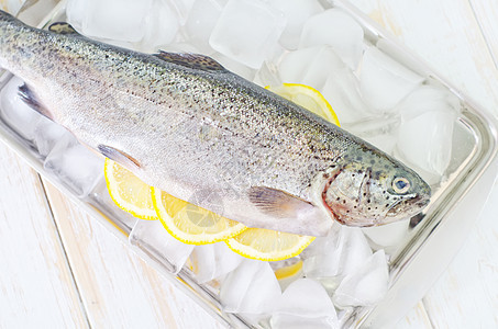 生鳟鱼淡水海鱼海鲜渔业饮食产品市场柠檬冰块餐厅图片