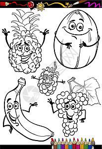 为彩色书籍设置的卡通水果浆果填色本插图食物绘画香蕉染色饮食快乐维生素图片