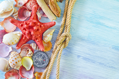 海壳和罗盘季节宏观旅行热带海滩材料绳索海星石头地面图片