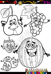 为彩色书籍设置的卡通水果食物浆果黑与白吉祥物填色本漫画染色游戏幼儿园绘画图片