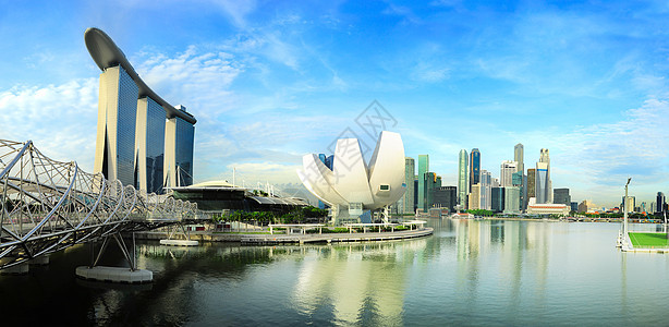 新加坡全景建筑中心蓝色艺术城市螺旋桥地标摩天大楼博物馆反射图片