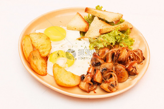 早餐酒吧盐渍猪肉服务面包黄色盘子餐厅红色咖啡图片