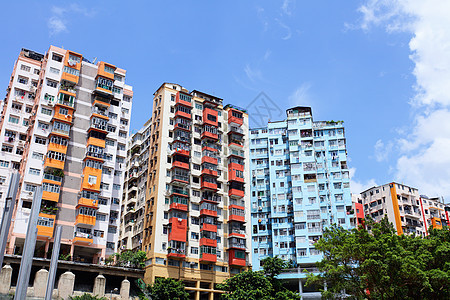 香港的旧公寓建筑住房生活住宅城市贫困蓝色天空窗户建筑学图片