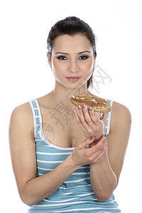 模型释放 女性食用黄油吐司白色面包女士早餐头发图片